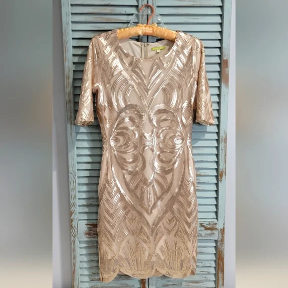 Gianni Bini | Dresses | Gianni Bini Sequin Dress Womens S Gold Fully Lined  Short Sleeve Cocktail Party | Poshmark
